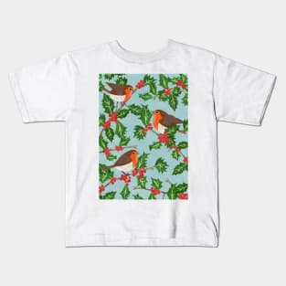 Three little paper cut robins on a holly bush Kids T-Shirt